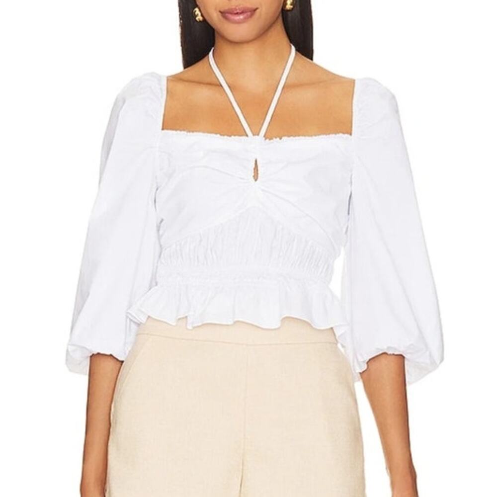 NWT Bailey 44 White Cotton Shani Corset Style Peplum Puff Sleeve Crop Top Size M